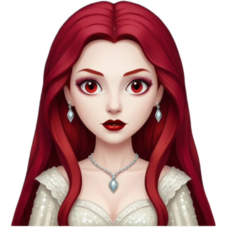 Bride of Dracula with long dark red hair, ivory sequin outfit emoji