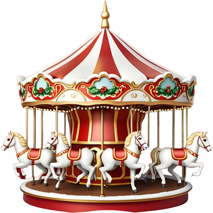 Apple iOS style 3D emoji icon of a vintage Moscow Christmas carousel.
Round ornate roof with red and gold patterns, miniature horses, decorated with glowing warm light garlands and light dusting of snow. Smooth glossy plastic texture, high-end 3D render, vibrant festive colors, resolution. emoji