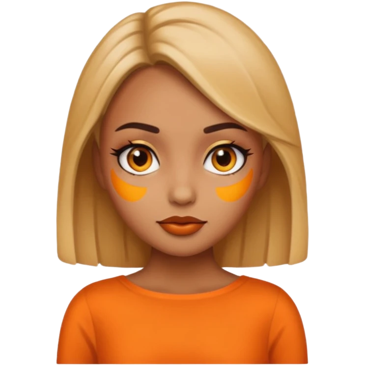 A girl tan skin face emoji with skin head styled, dramatic makeup and an orange dress. emoji