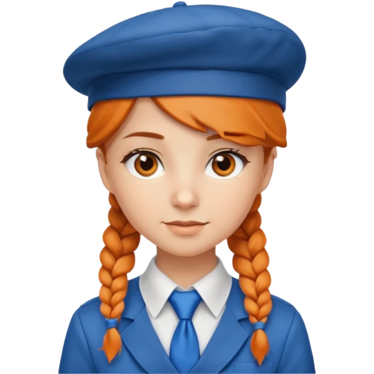 orange braided hair girl, wearing white shirt, Blue Necktie, and a brown berret Hat emoji