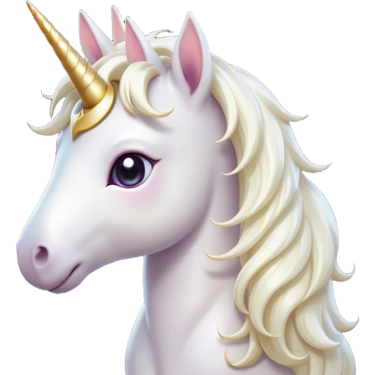 Cinematic Cute White Unicorn Portrait Emoji, Head tilted playfully and inquisitively, featuring a charming, petite form with a silky white color, a delicately flowing mane and tail, and a tiny, sparkling horn, with large, dreamy eyes full of wonder, Simplified yet irresistibly adorable features, highly detailed, glowing with a warm, enchanting glow, high shine, affectionate and lively, stylized with a touch of fairy-tale whimsy, soft glowing outline, capturing the essence of a mischievous yet endearing white unicorn that seems as if it could gallop out of the screen into your heart! emoji