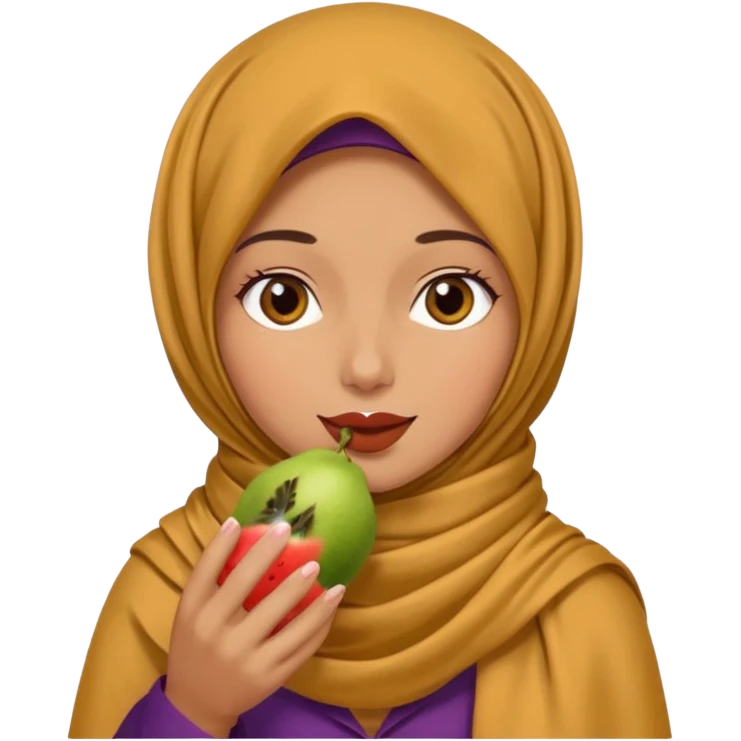 a woman wearing a pashmina hijab is eating emoji