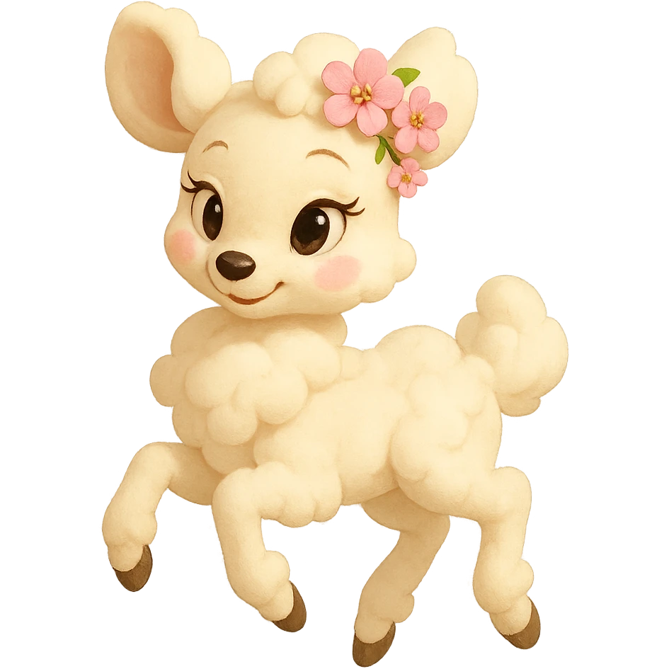 feminine vanilla cloud doe, floating gracefully with rosy cheeks and cherry flowers on its head, Pixar-inspired art emoji
