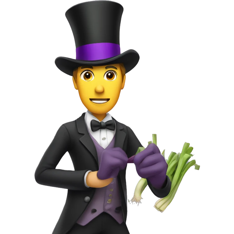 White man wearing a Top Hat with a purple band holding a leek emoji