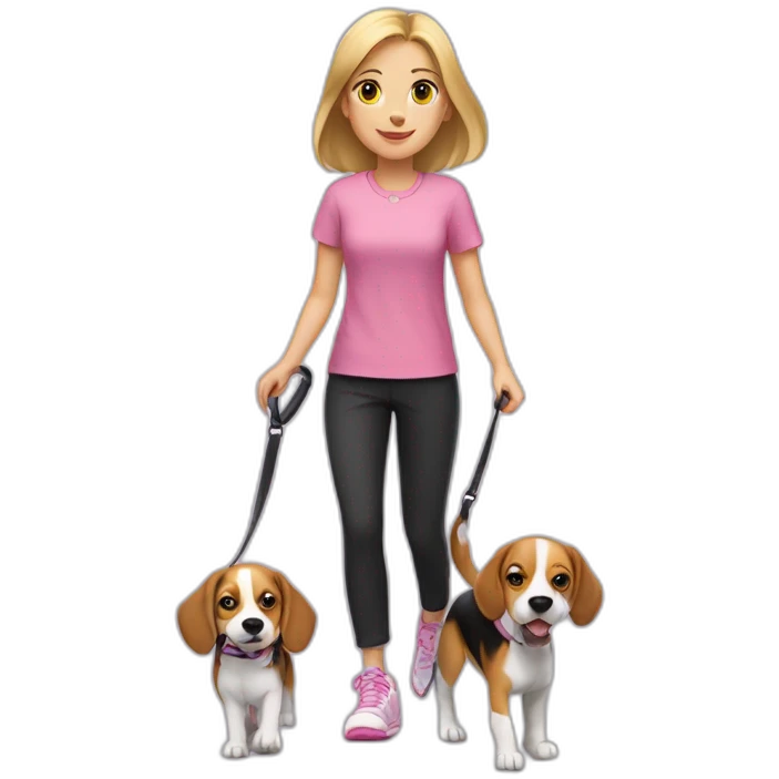 A blonde girl, in a pink blouse and black trousers, in sneakers, leads a beagle dog on a leash emoji