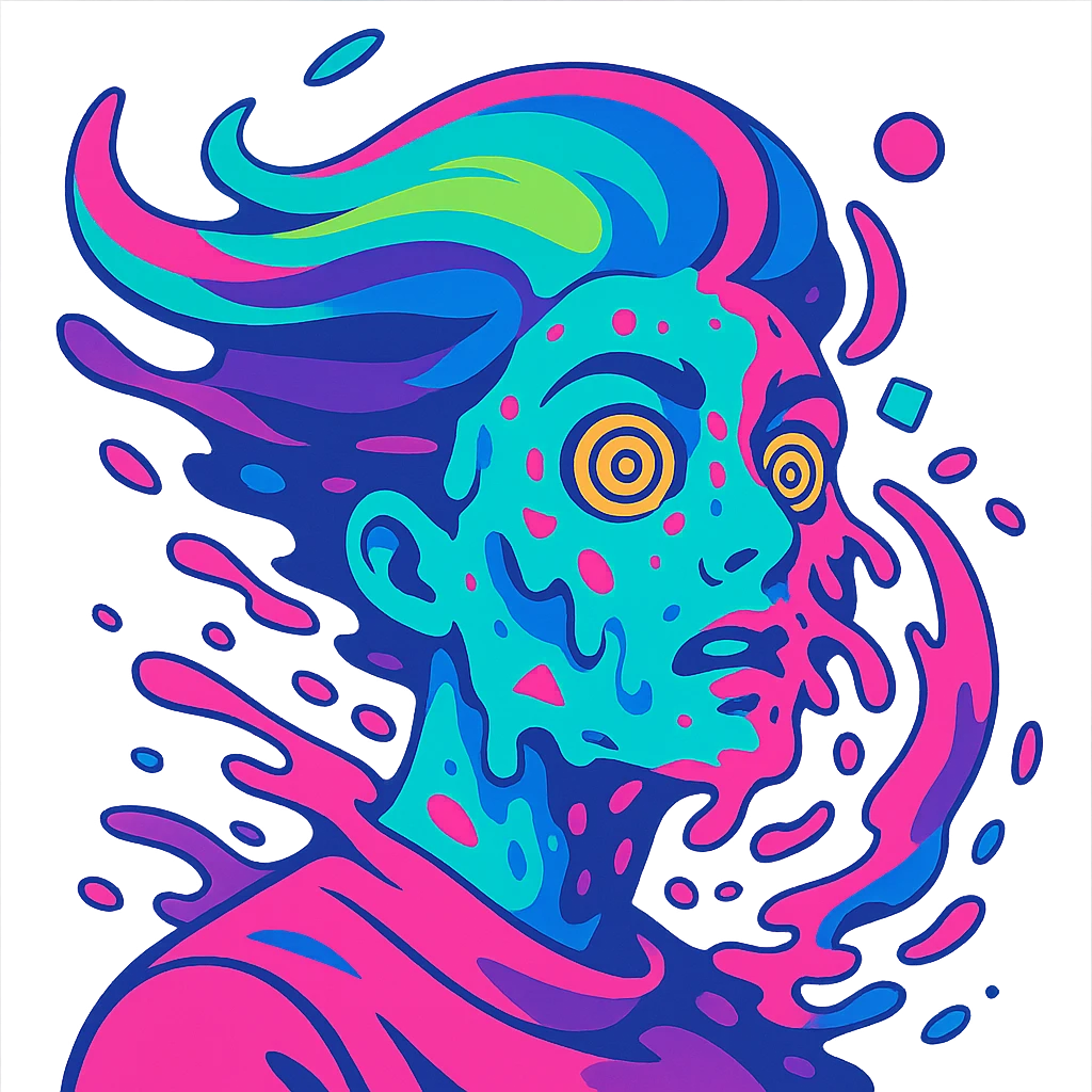 surreal portrait, neon turquoise and electric pink skin, face melting into swirling paint particles, hair as liquid aurora, spiral eyes, geometric shapes on face, dynamic movement emoji