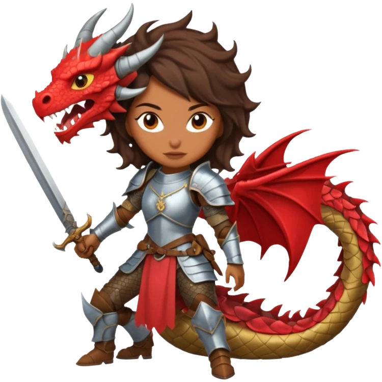 Fierce Latina in armor with a sword after a battle cutting off the head of a dragon emoji