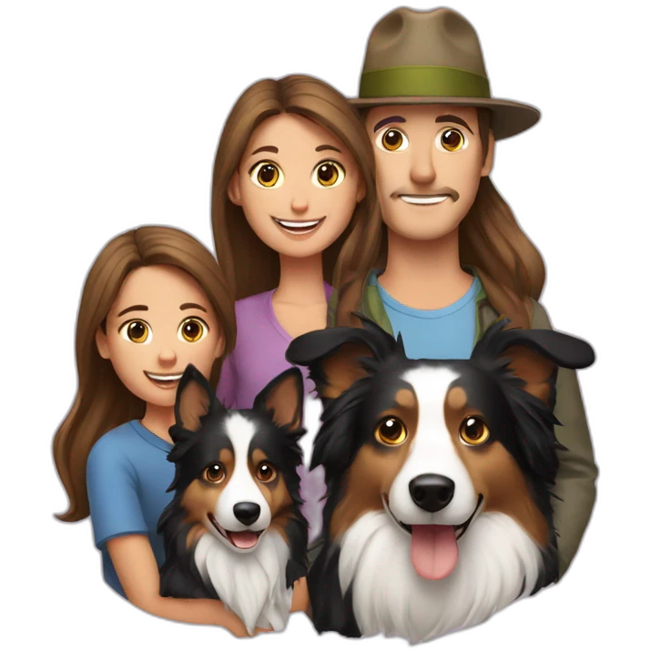 family group consisting of man in hat and woman with long hair in ponytail and small border collie dog emoji