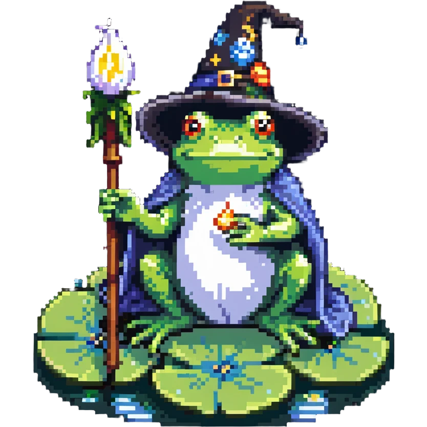 frog wizard sitting on a lily pad in a lake, wearing a wizard hat and holding a magic staff emoji