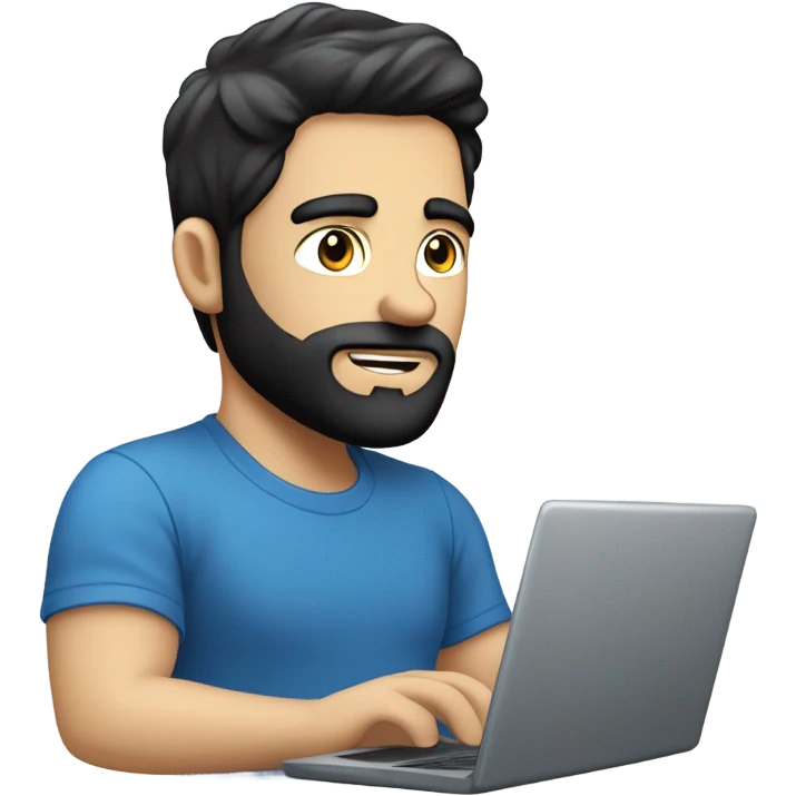 white guy with black hair thin face with beard typing in laptop wearing blue t-shirt working in call center emoji