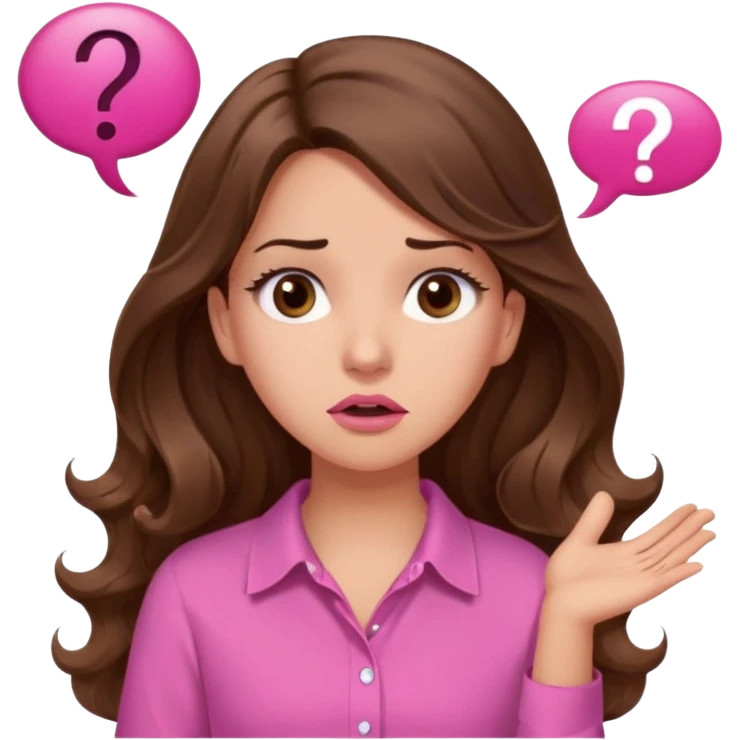 girl with long wavy brown hair, brown eyes, light to medium complexion, in a pink shirt, pink lips, long lashes, confused, question mark one speech bubble emoji