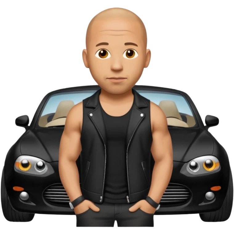 Vin Diesel emoji wearing a white tank top and black jacket with a black car behind him emoji