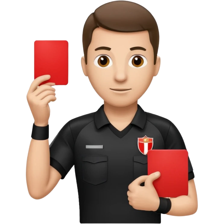 Изображение футбольного судьи, в руках которого красная карточка из футбола. Судья не улыбается emoji