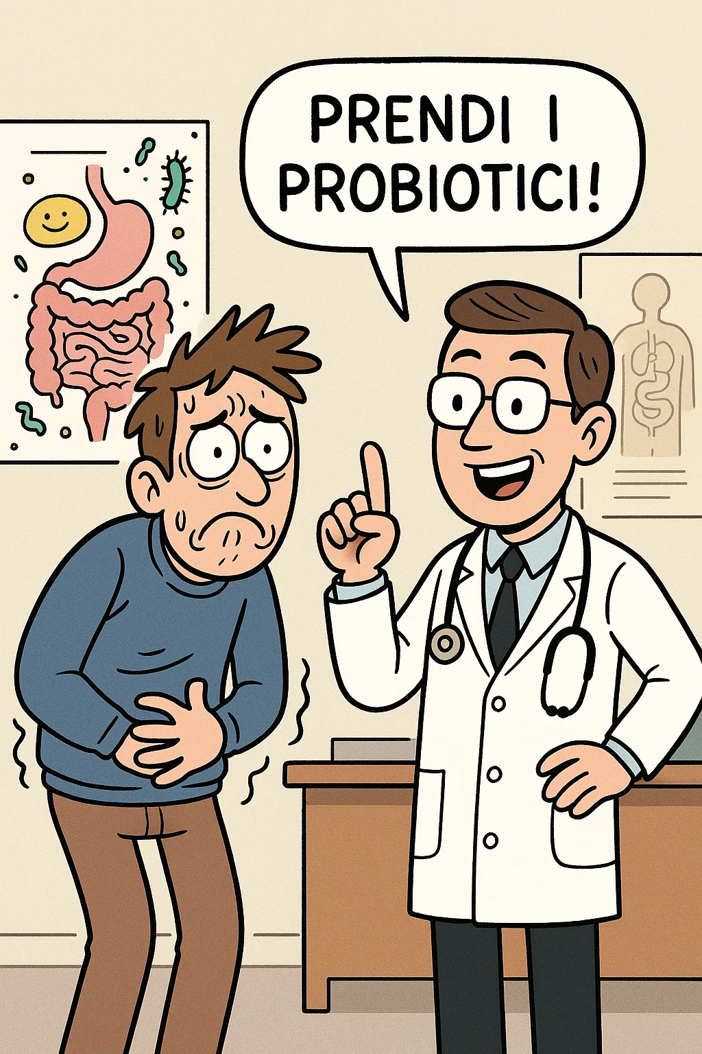 Uomo che ha disbiosi evidente e il dottore gli dice "Prendi i Probiotici!" emoji