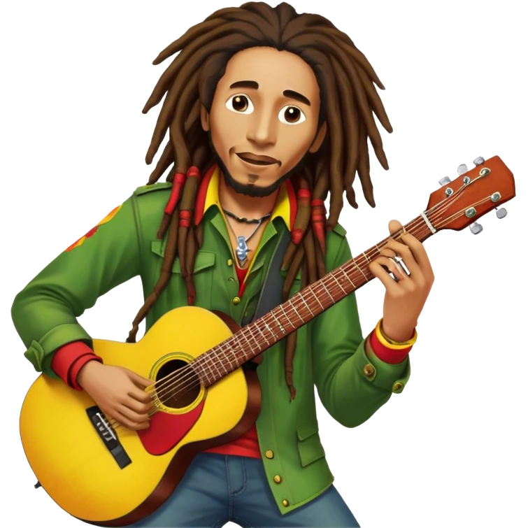 Icon for Reggae Music: Bob Marley with his guitar, surrounded by his band, The Wailers. The design should capture the laid-back, rhythmic vibe of reggae, with iconic dreadlocks and vibrant colors (red, yellow, green). Transparent background. emoji