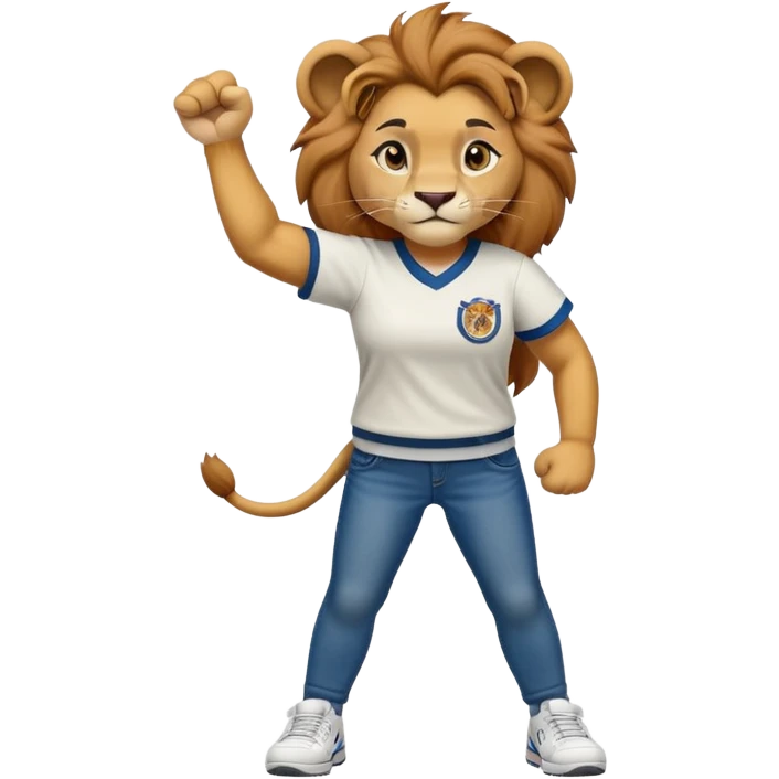 confident anthropomorphised female lion wearing a baseball shirt, jeans, trainers, raising a fist in the air, strong and determined expression emoji
