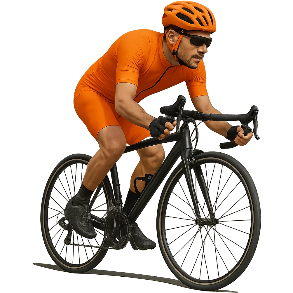 Add a helmet to the cyclist wearing an orange outfit. Keep the background transparent. emoji