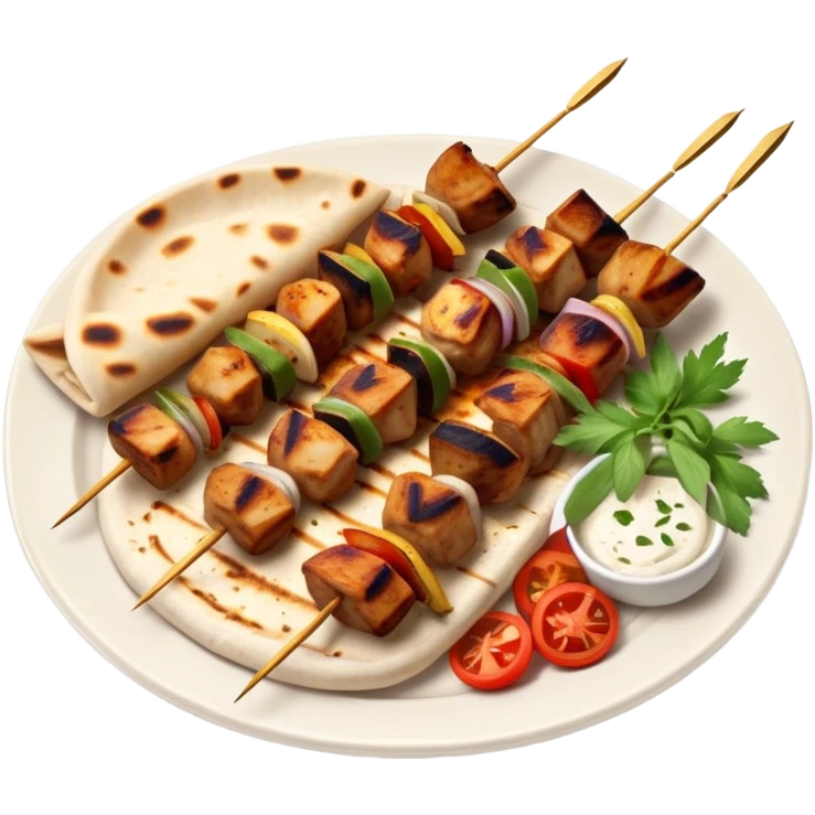cinematic-realistic-souvlaki-dish-emoji,-showcasing-skewered,-2 grilled-chicken-with-mediterranean-spices-rendered-with-dynamic-textures-and-warm,-appetizing-lighting on pita bread on a plate emoji
