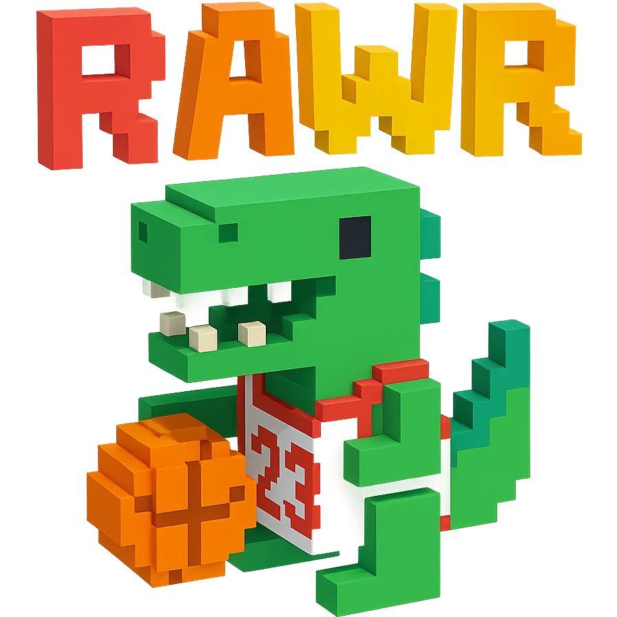 надпись "RAWR" и динозавр с баскетбольном мячом в майке с надписью "23", no background  emoji