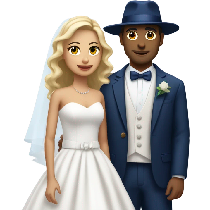 Puerto rican beard short hair with blue hat and navy blue suit getting Married with blond long hair girl with white  wedding dress  emoji