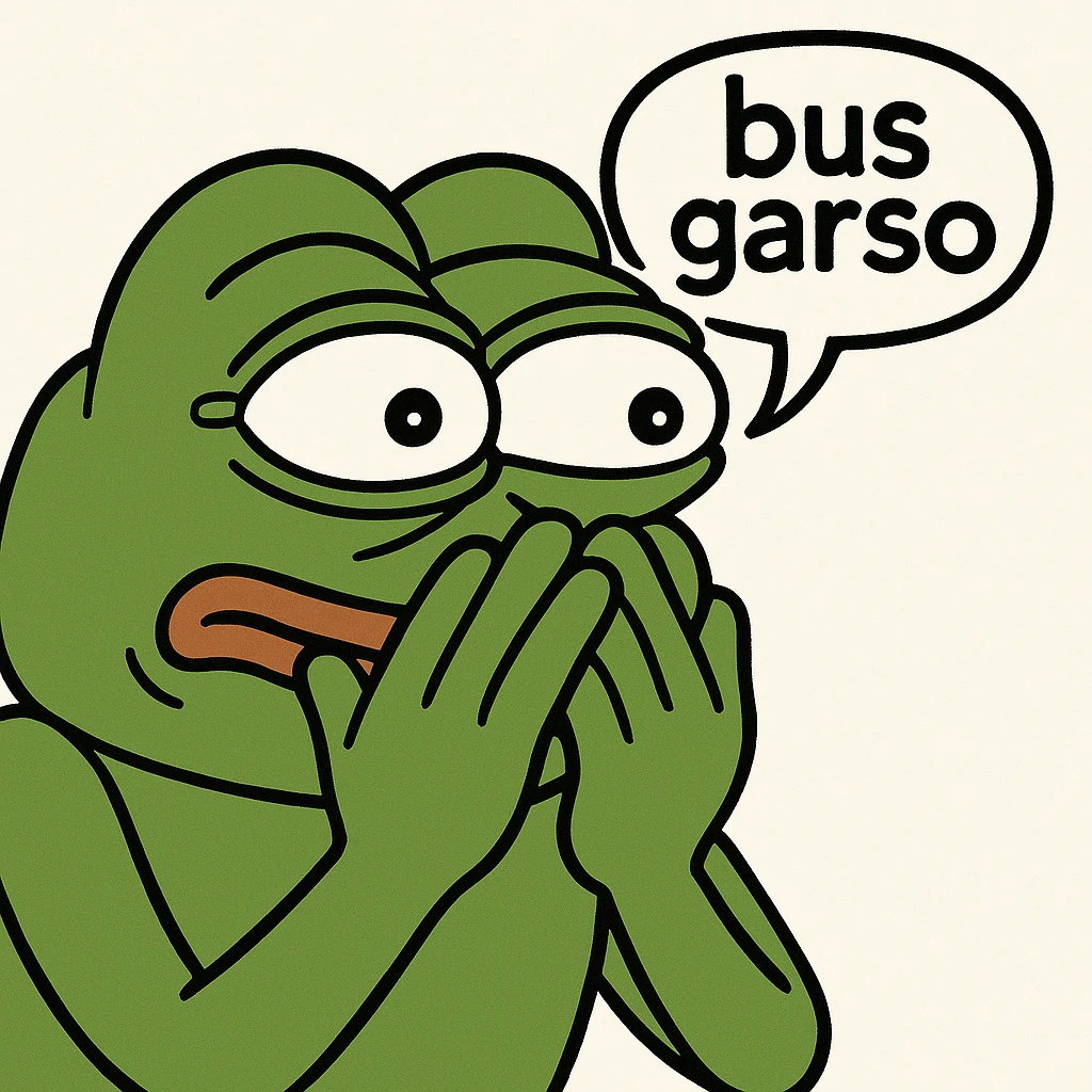 Edit the classic Pepe the Frog in 3D emoji style with both hands over mouth, eyes wide, barely holding back laughter, with a speech bubble 'bus garso'. Keep the classic Pepe look from the reference, no drink, focus on face and expression. Variant 2. emoji