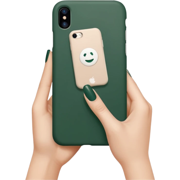 clean white iPhone with dark green case, female hand with nude manicure holding the phone, minimalist design, emoji style emoji