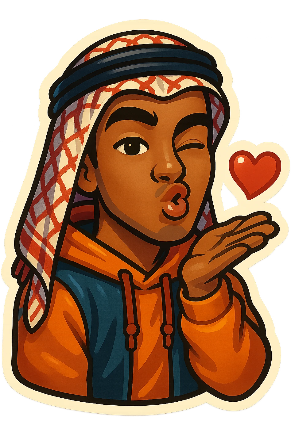 cartoonish, bold, vibrant emoji-style sticker of Ara, an Arab young man with medium brown skin, black hair, wearing casual urban Middle Eastern streetwear like a keffiyeh scarf or hoodie, blowing a kiss with puckered lips and a wink emoji