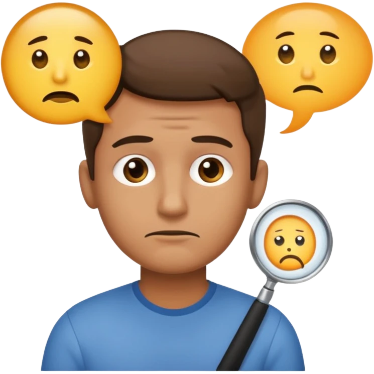 Realistic emoji-style man in simple everyday clothes, looking thoughtful and analytical. A thought bubble above his head shows a critical-thinking icon (question mark + magnifying glass). Soft lighting, expressive critical facial expression. emoji
