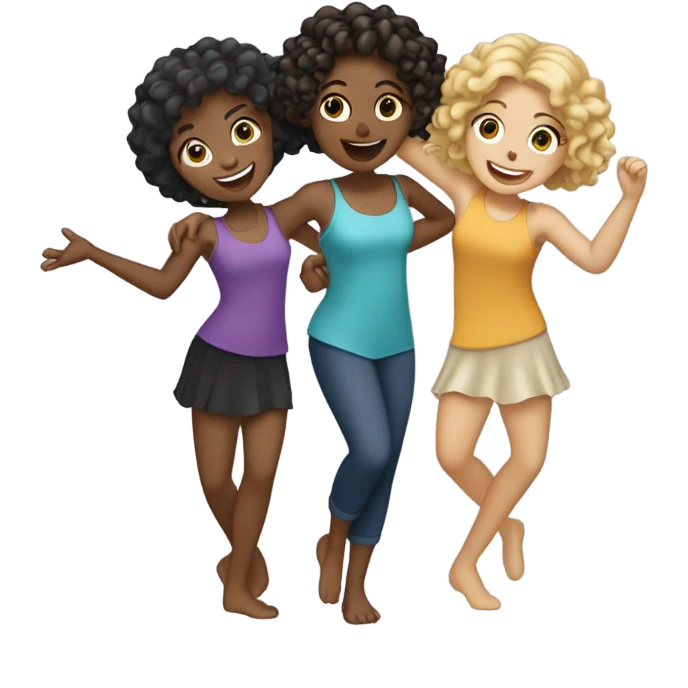 3 girls dancing with each other 1 girl blonde and tan 2nd girl black hair and white and 3rd girl curly brown hair and tan emoji