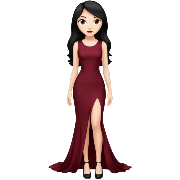 Chica blanca ,ojos marrones, vestido granate muy largo sexy escote redondo,  cuerpo entero pelo negro y largo zapatos negros tacon emoji