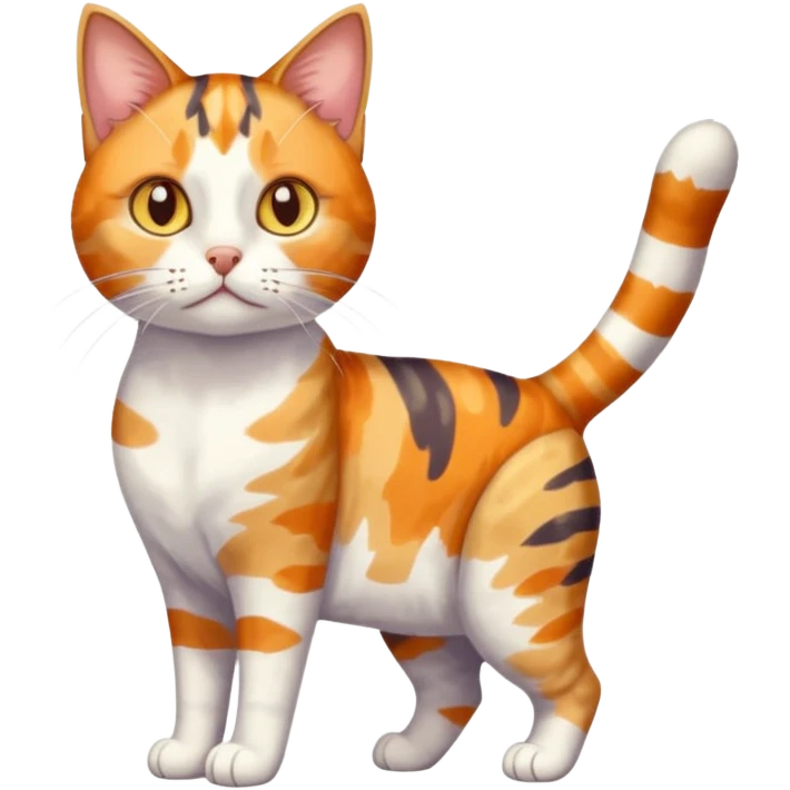 full body anxious looking colourful light calico tabby cat with large patchy patterns emoji