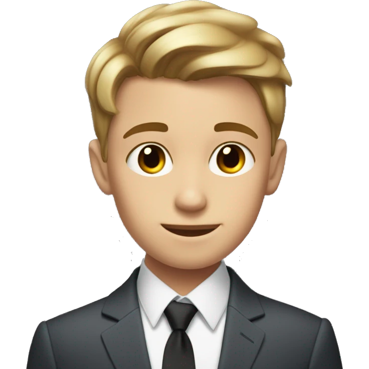 a 12 year old with a few freckles and a low taper fringe haircut that is light brown hair an sits on his head just abo and is white but 20% tanned and wearing a suit ve he eyebrows emoji