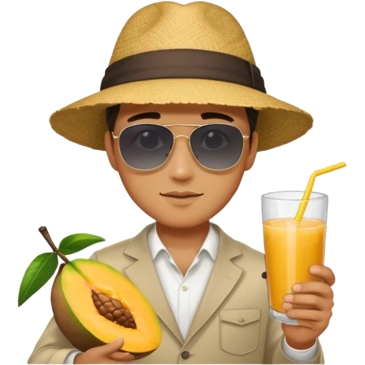 man holding book and mango drink emoji