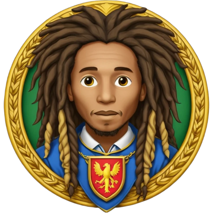 very realistic Bob Marley with gigantic dread locks in form heraldic crest emoji