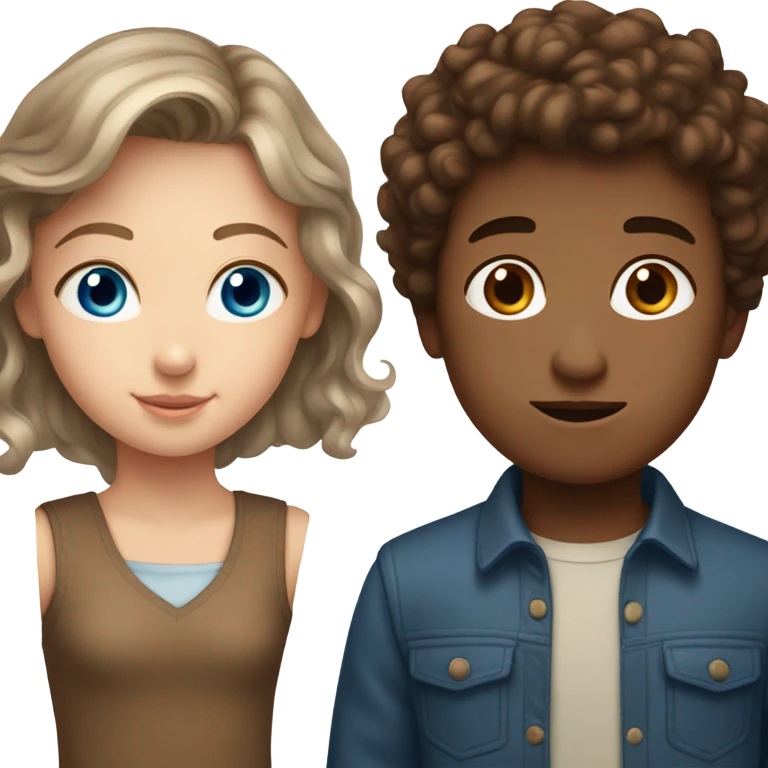 A couple with a blue eyes girl with brown curly hair and a boy with brown eyes and brown straight hair  emoji