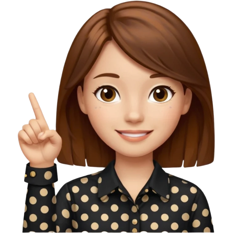 girl wearing a  black polka dots  shirt style, and poiting witgh her hand, her hair brown  emoji