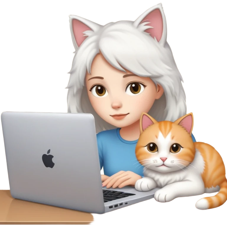 A girl is working on a laptop with a cat lying next to it emoji