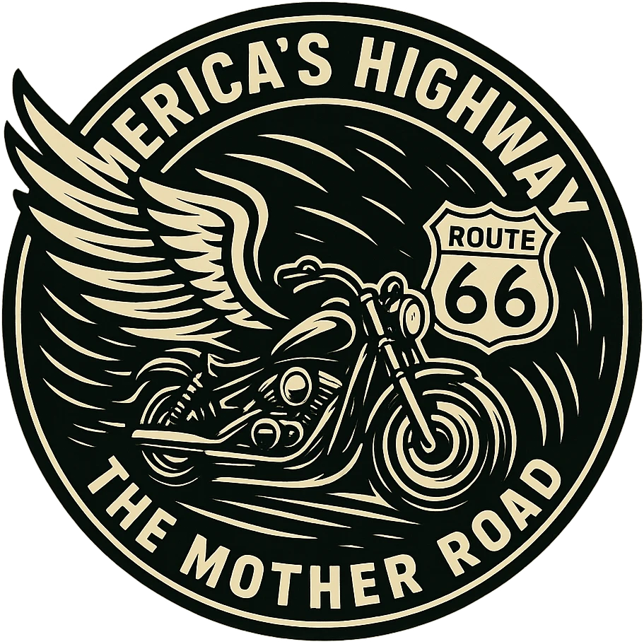 circular design for motorcycle cap, transparent background, text 'AMERICA'S HIGHWAY - ROUTE 66 - THE MOTHER ROAD', motif: wing, motorcycle, Route 66 sign, dynamic style emoji
