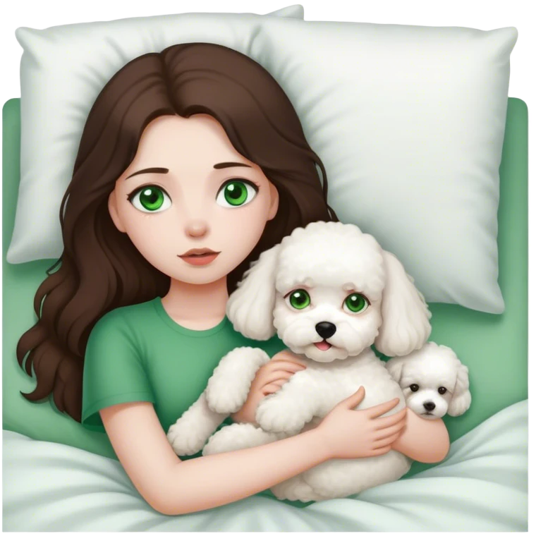 Brunette Long hair girl with green eyes sick in bed by herslef with bichon frise dog emoji
