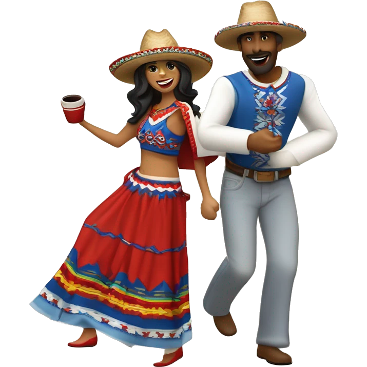 pareja de hombre y mujer bailando danza folcórica chilena llamada cueca. El hombre usa sombrero de huaso y poncho con colores cafés y la mujer usa vestido blanco con detalles rojos y azules emoji
