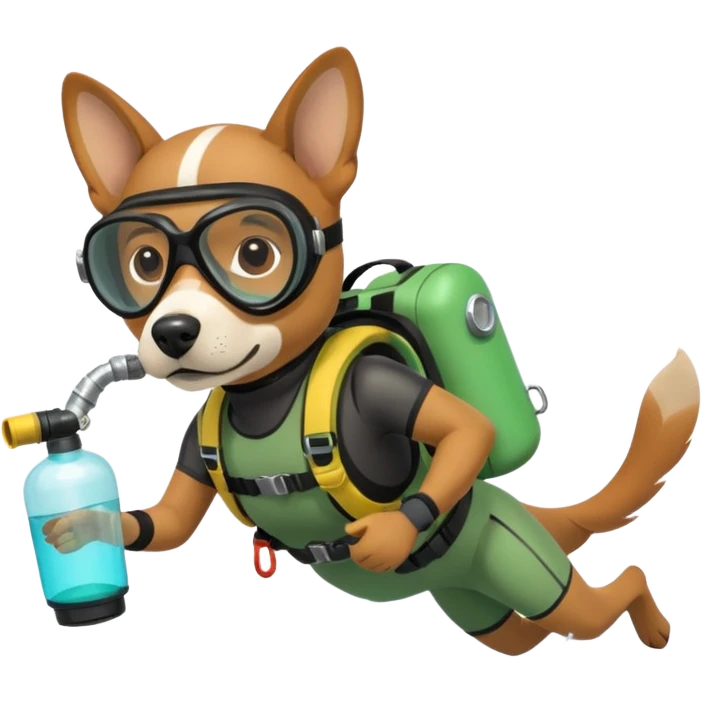 dog wearing scuba green gear dive into the sea with diver mask and oxygen tank emoji