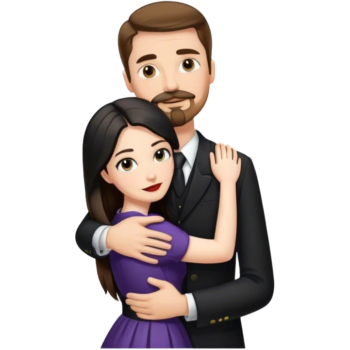 tall white man with brown hair goatee mustache hugging a pale woman with long black hair, wearing formal clothing emoji
