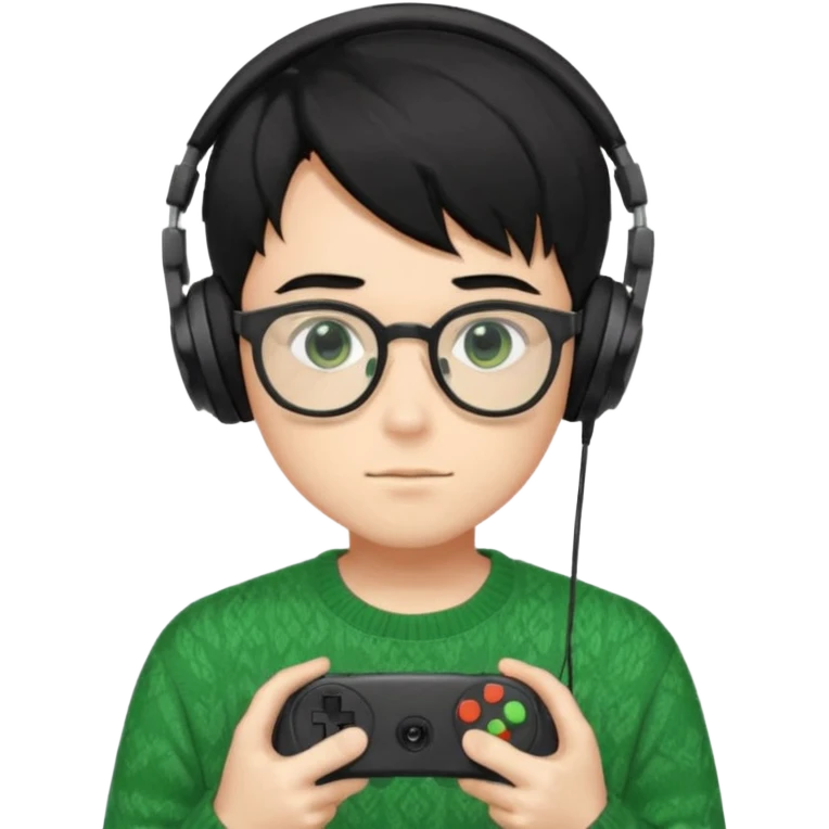 
gamer, Gorgeous green sweater black hair anime style shojo guy glasses, headphone, gamepad emoji