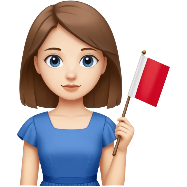 female student in blue dress holding Polish flag emoji