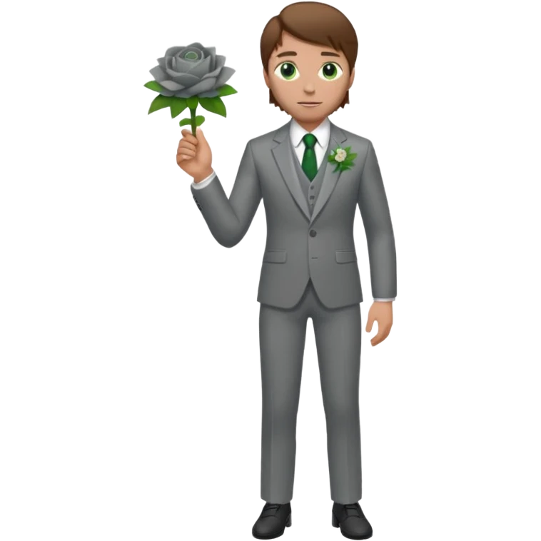 Chico blanco, pelo castaño, ojos verdes, traje boda gris y flor solapa , cuerpo entero emoji