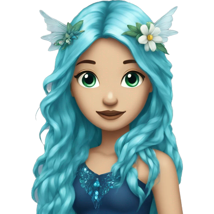 Beautiful, flower, fairy, blue, turqoise, silver, navy, long hair, big wings emoji