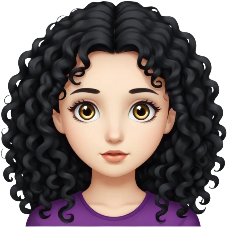 Chica de cabello largo y rizado negro pestañas lsrgas piel blanca  ojos redondos, emoji