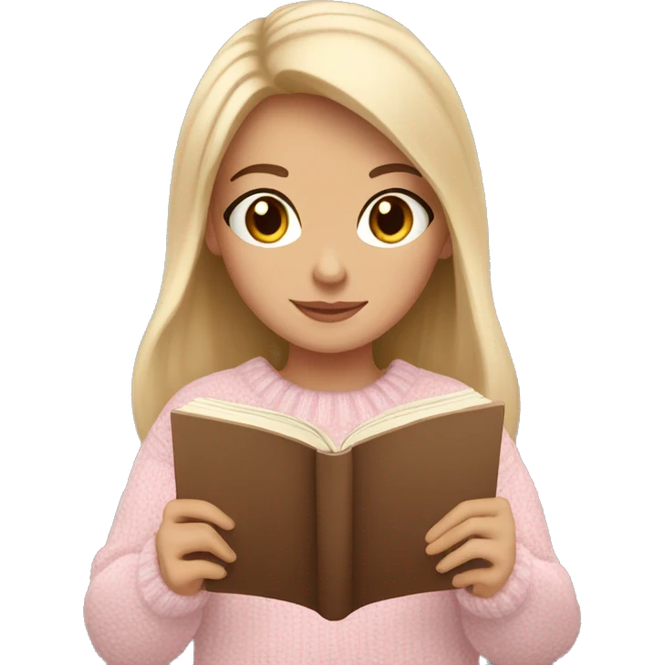 Pretty brown eyed white girl with light pink sweater reading cozy emoji