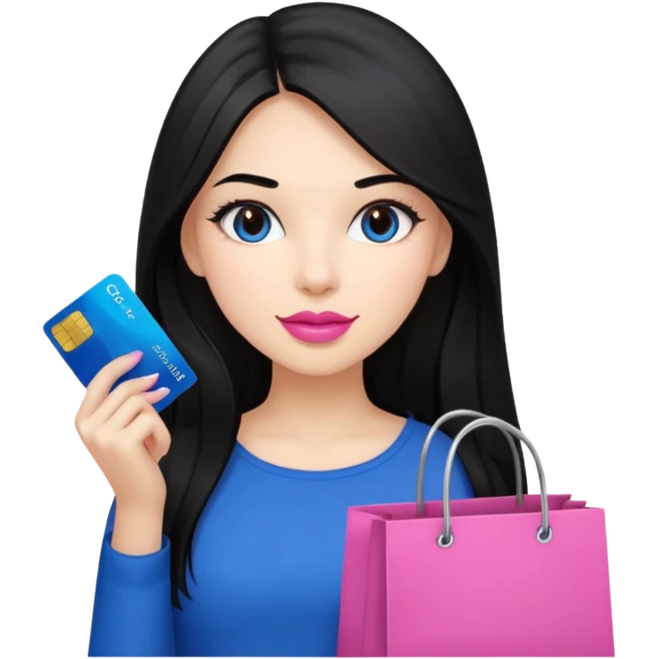 Girl with long black hair, pink lipstick, brown eyes holding shopping bags and blue credit card emoji