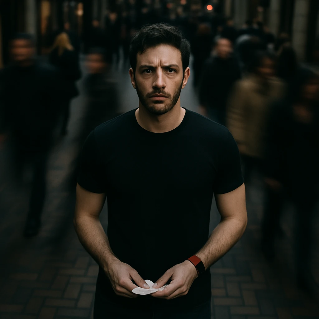 Cinematic overhead shot, reference person, no headphones, black shirt, athletic build, standing still on a brick city sidewalk, motion-blurred crowd, moody lighting, 35mm film look, shallow depth of field, sharp focus. Urban. Render in a style suitable for cinematic photography with moody lighting and shallow depth of field. emoji